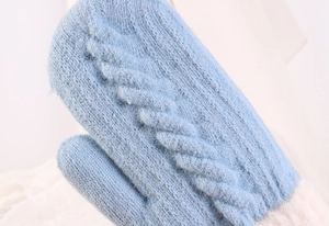 Detail of cable knit texture and soft faux fur cuff on thick winter thermal gloves