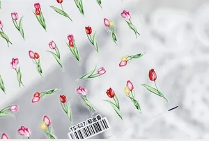 Detail of TS-627 tulip nail stickers with hand-painted red and pink floral patterns