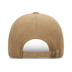 Rear view of khaki corduroy baseball cap with adjustable metal buckle for men and women