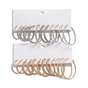 Set of 12 pairs large hoop earrings with rhinestones in gold and silver finish