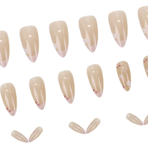 French almond press-on nails with cherry, flower, and pink bow designs, 24 pieces