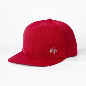 Red snapback baseball cap with silver glitter star embroidery and street style design