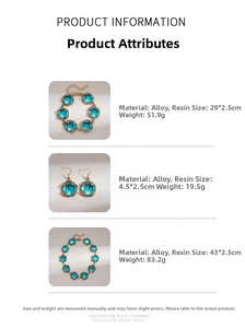 Détail d'une parure de bijoux vintage dorée avec pierres en résine bleue et dimensions