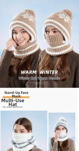 Three-in-one winter knit hat set with fleece lining neck warmer and mask in snowflake pattern