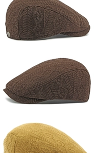 Detail of vintage knit beret texture and metal rivets on coffee and khaki hats