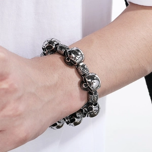 Punk vintage stainless steel skull link bracelet for men with intricate carved details