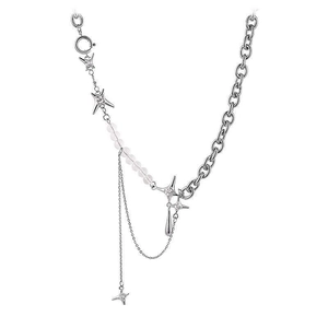 Collier étoile argenté avec chaîne punk, perles blanches et pendentifs étoiles en croix