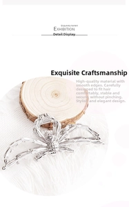 Detail of silver spider metal hair claw clip with a glossy finish for Halloween hair styling