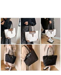 Multiple views of a large nylon tote bag in contrast colors for daily commuting use