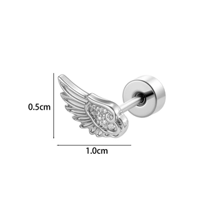 Silver angel wing cartilage piercing with zircon inlay measuring 1.0cm by 0.5cm