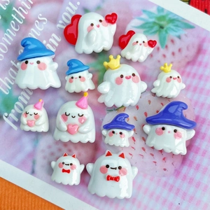 Set of 12 glossy resin ghost figurines with wizard hats and bows for DIY charms