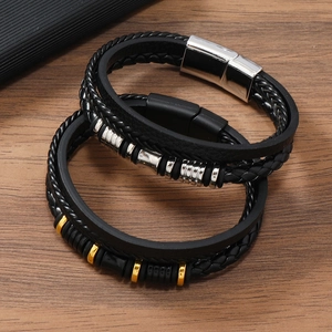 Three-layer braided leather men's bracelets with silver and gold magnetic metal clasps