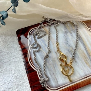 Close-up of dual-tone OT buckle necklace with gold and silver links in an artistic setup