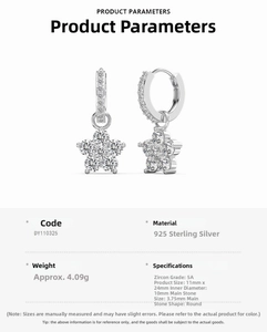 Detailed spec view of S925 sterling silver star earrings with 5A grade round zircon