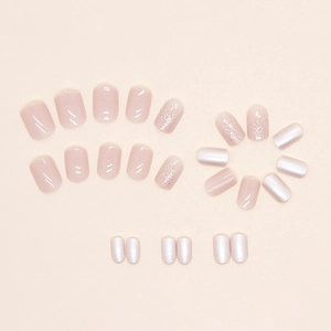 24pcs short soft pink and pearl white press-on nails with silver glitter finish