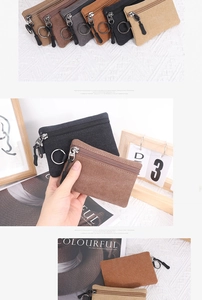 Detailed view of canvas mini coin purses with zipper closure and metal keychain clip