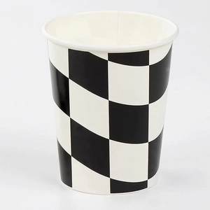 Racing party paper cup featuring classic black and white checkered flag pattern design