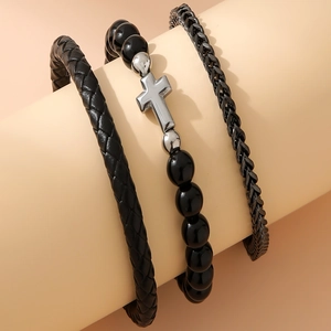 Three-piece men's bracelet set with black woven leather, beads, and a silver cross charm
