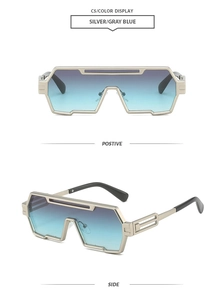 Front and side view of silver geometric punk sunglasses with gray blue gradient lenses