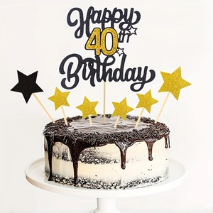 Sparkling gold and black Happy 40th Birthday cake topper set with glitter star accents