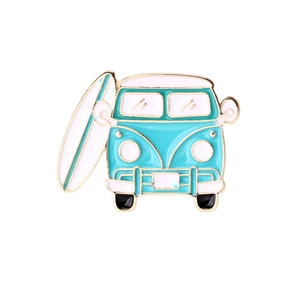 Minimalist enamel camper van brooch with surfboard in turquoise and white finish