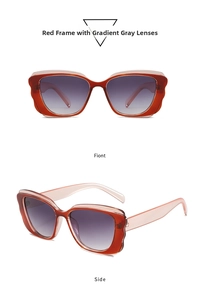 Detail view of transparent red butterfly sunglasses with gray gradient lenses and wavy arms