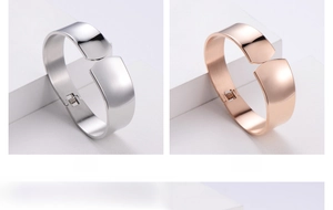Polished minimalist stainless steel bangles in silver and rose gold with hinge detail