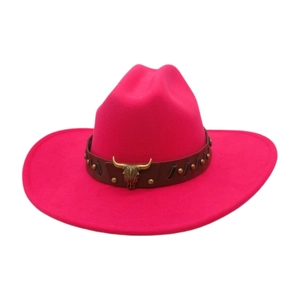 Close-up of pink western cowboy hat featuring brown leather band and gold bull head buckle