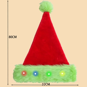 Tall 80cm red Christmas hat with LED glowing green plush trim and top pompom