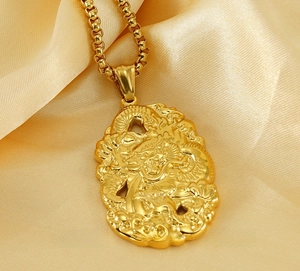 Polished stainless steel double-sided dragon pendant necklace with an eco-friendly gold finish