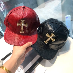 Hip Hop Baseball Cap PU Leather Flat Brim Hat With Rhinestone Metal Skull Cross Dollar Sign Decoration Unisex Sunshade
