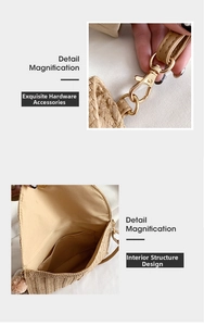 Detailed view of woven straw bag with golden metal hardware and fabric lining interior