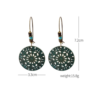 Detail view of turquoise bronze earrings with hollow pattern and size dimensions