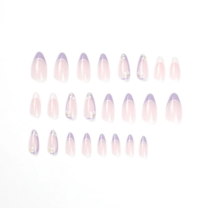 Purple French almond press-on nails with white daisy flower patterns, 24 piece set