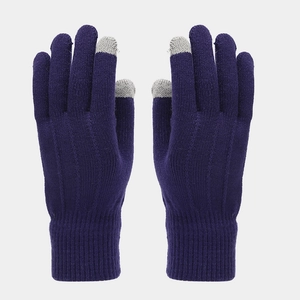 Detail of dark blue knit gloves with grey touchscreen tips for smart device use