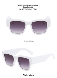 Front and side view of rectangular white frame sunglasses with gradient grey lenses