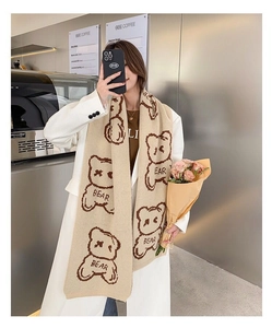 Detail of a warm beige knitted scarf featuring cute brown bear patterns and BEAR lettering