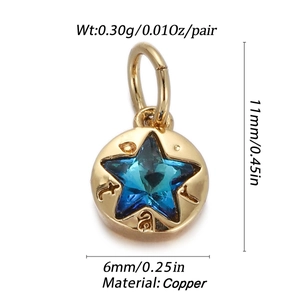 Detail of 11mm gold-plated copper moon pendant with blue star stone for DIY jewelry