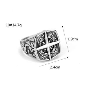 Vintage stainless steel compass ring for men in retro silver finish with star pattern
