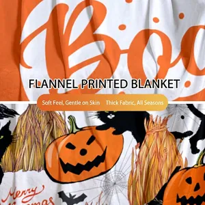 Coperta in flanella di Halloween con zucche Boo e fantasie festive di gatti neri