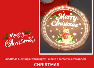 Detail of warm white LED Christmas window light featuring snowman and Merry Christmas text