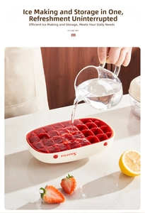 Detail showing water pouring into a red silicone ice cube tray with storage box