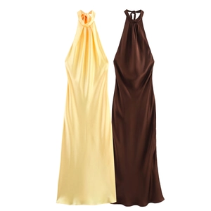 Satin Maxi Dress Halter Neck Backless Pleated Ruched Elegant Party Evening Long Sleeveless Satiny Gown For Women