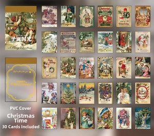 Close-up of 30 vintage Christmas stickers with classic Santa and angel illustrations