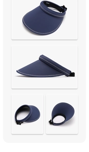 Detail views of navy blue sun visor showing breathable fabric and adjustable elastic strap