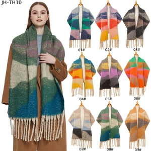 Chunky geometric knit scarf with fringe and colorful color-block mohair texture