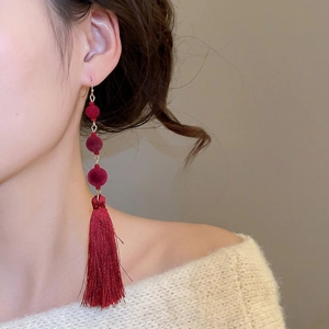 Elegant vintage bridal earrings with red flocked beads and long silk tassels for women