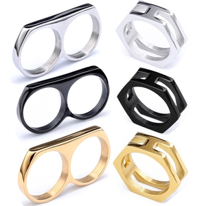 Stainless Steel Double Finger Ring Hexagon Geometric Minimalist Punk Hip Hop Industrial Style Jewelry For Men Women