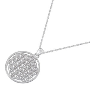 Macro detail of silver geometric flower of life pendant with intricate cutout patterns