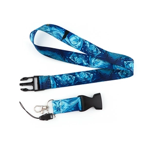 Detail of blue Starry Night polyester lanyard with quick release buckle and metal swivel hook